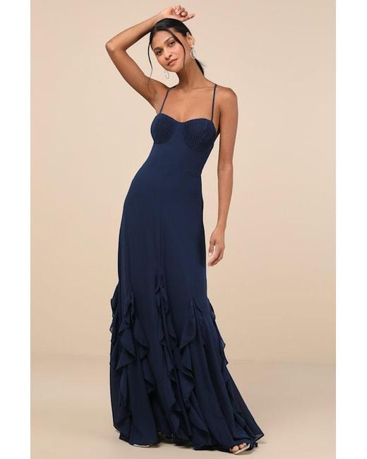 Lulus Priela Dark Ruffled Lace-Up Maxi Dress in Blue | Lyst Lulus Priela Dark Ruffled Lace-Up Maxi Dress in Blue | Lyst