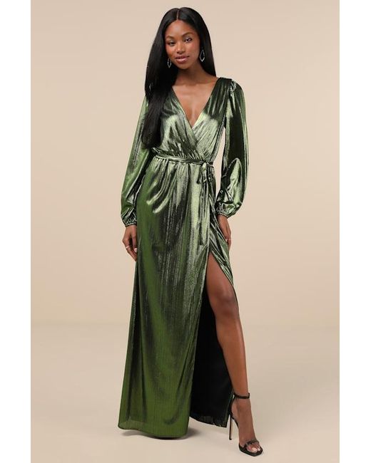 Lulus Green Extra Aesthetic Metallic Long Sleeve Surplice Maxi Dress