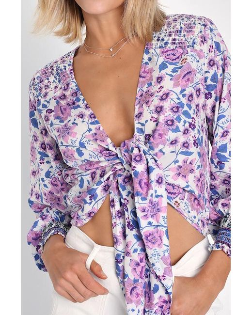Lulus Purple Blooming With Style Floral Tie-Front Long Sleeve Crop Top