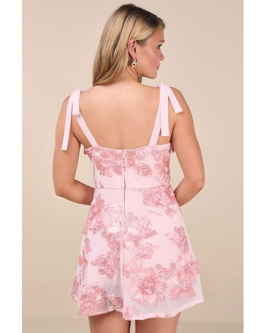 Lulus Pink Truly Inspiring Mesh Floral Applique Tie-Strap Mini Dress