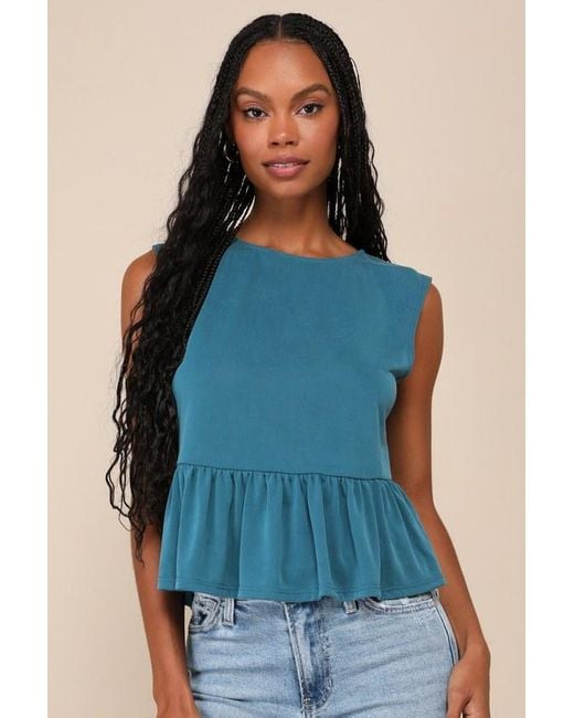 Lulus Blue Charming Scene Crew Neck Sleeveless Peplum Top