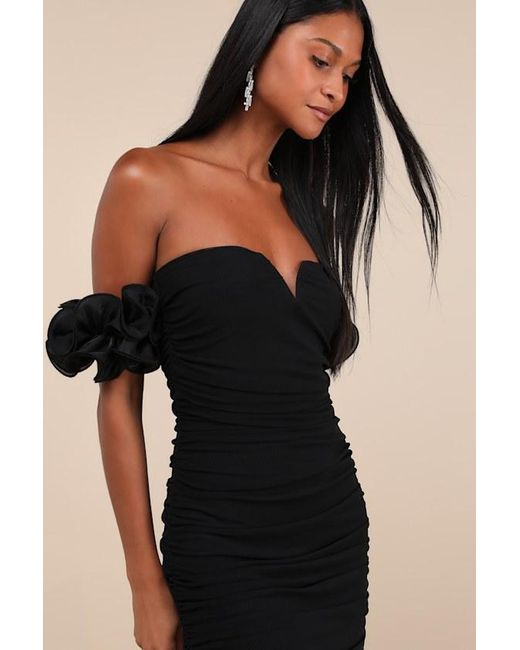 Lulus Black Upscale Muse Mesh Ruched Off-The-Shoulder Mini Dress