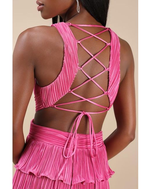 Lulus Pink Beauty Icon Satin Pleated Tiered Lace-Up Maxi Dress