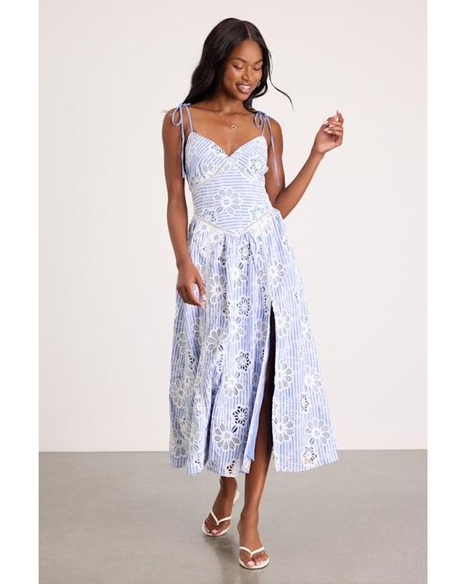 Lulus Blue Shilah Striped Floral Tie-Strap Midi Dress