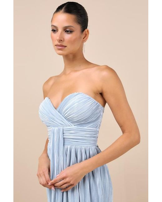 Lulus Blue Oswin Satin Plisse Strapless Maxi Dress
