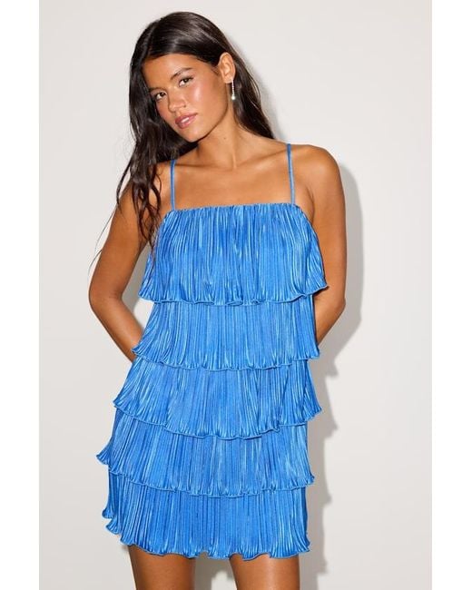 Lulus Blue Flores Bright Plisse Tiered Mini Dress