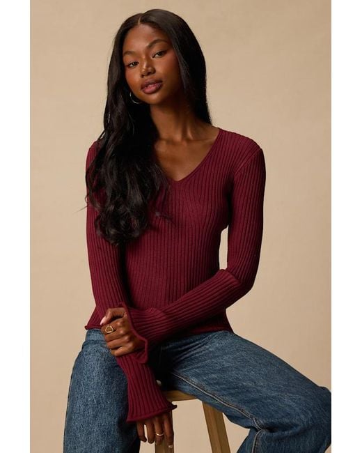 Lulus Red Pruett Ribbed Knit Long Sleeve Top