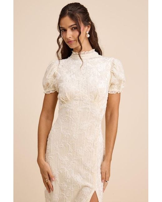 Lulus Natural Cadison Cream Textured Puff Sleeve Column Maxi Dress