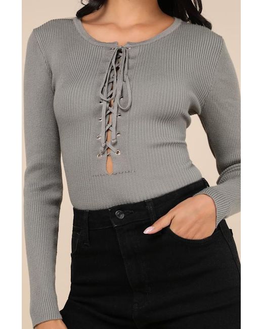 Lulus Gray Intriguing Favorite Lace-Up Sweater Top