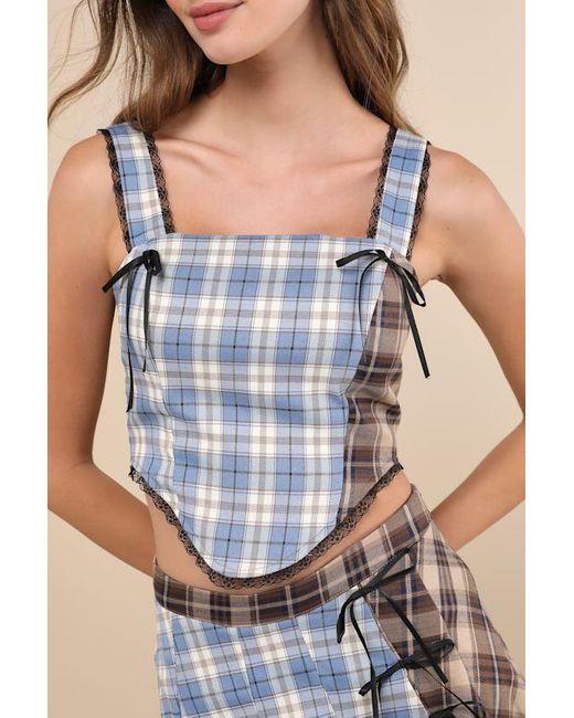 Daisy Street Blue Plaid To Have It And Plaid Patchwork Lace Bustier Top