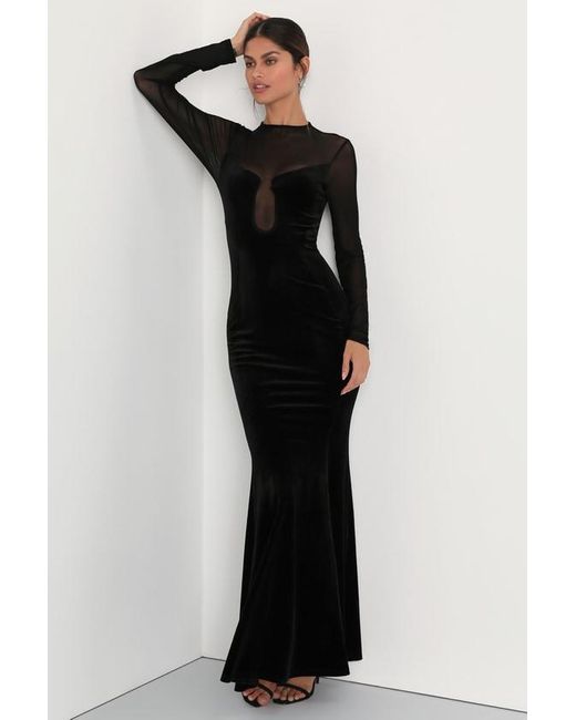 Lulus Women's Black Alluring Fixation Velvet Mesh Long Sleeve Maxi Dress Lulus Women's Black Alluring Fixation Velvet Mesh Long Sleeve Maxi Dress