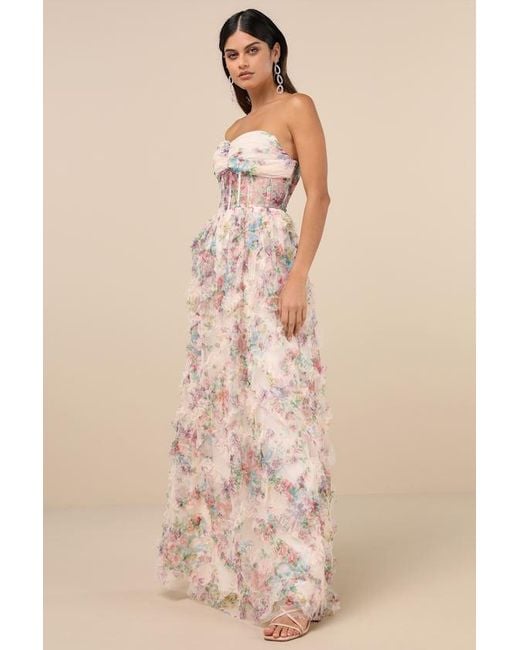 Lulus Natural Stunning Element Cream Floral Mesh Ruffled Strapless Maxi Dress