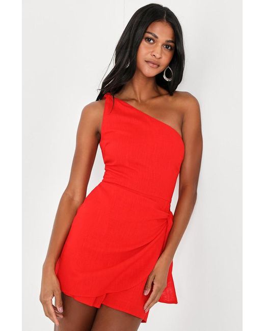 Lulus Red Tie And Low One-Shoulder Knotted Skort Romper