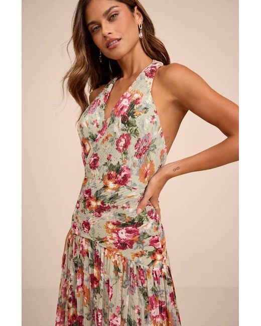 Lulus Natural Sylvanna Sage Floral Halter Drop Waist Maxi Dress