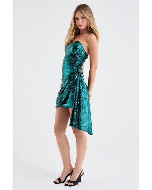 Lulus Blue Celina Emerald Sequin Strapless Sash Mini Dress