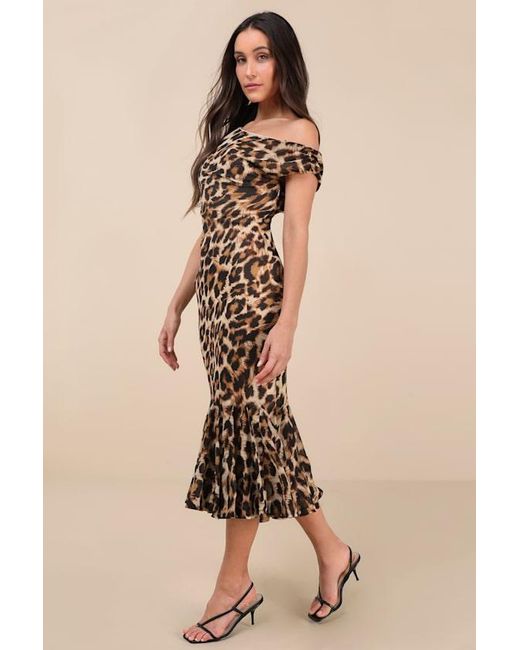 Lulus Natural Carden Leopard Print Asymmetrical Midi Dress
