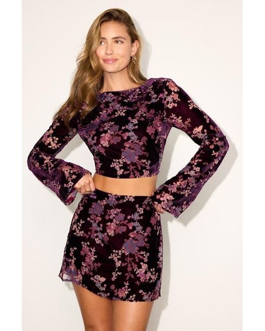Lulus Purple Talaria Plum Velvet Burnout Cutout Long Sleeve Crop Top