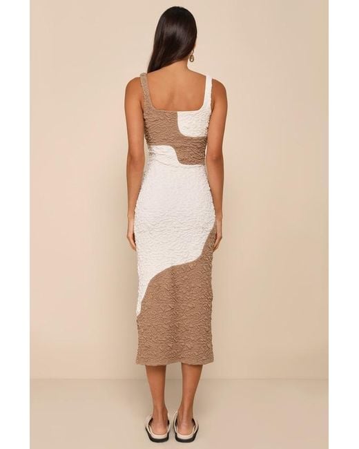 Lulus Natural Instantly Adored Taupe And Cream Color Block Textured Midi Dress