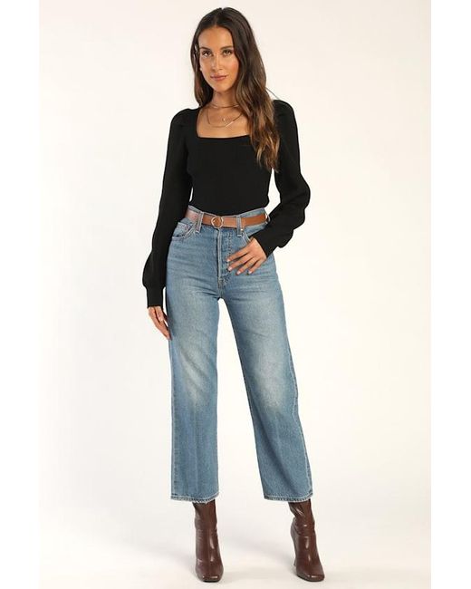 Lulus Black Trendy Classic Ribbed Knit Balloon Sleeve Top