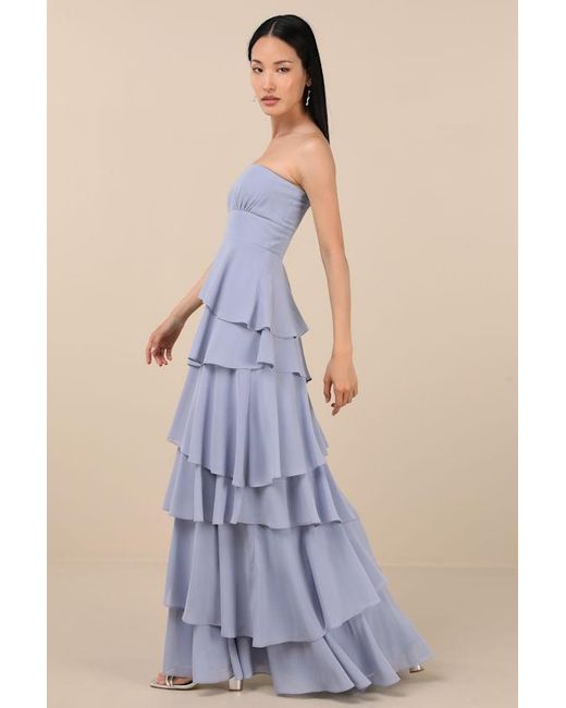 Lulus Blue Gorgeous Essence Strapless Tiered Maxi Dress