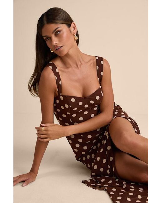 Lulus Natural Raynelle Polka Dot Lace-Up Tiered Maxi Dress