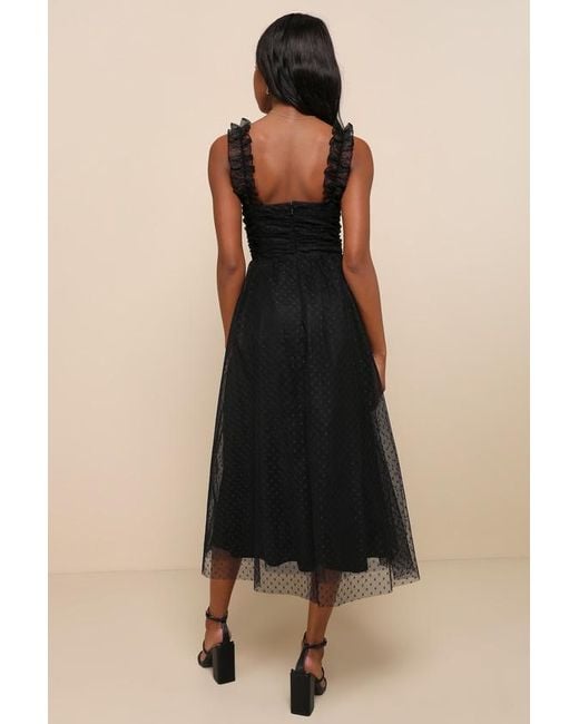 Lulus Black Forever Celebrated Swiss Dot Ruched Tulle Midi Dress