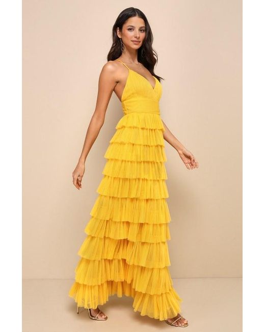 Lulus Yellow Radiant Event Mesh Tiered Ruffled Backless Maxi Dress