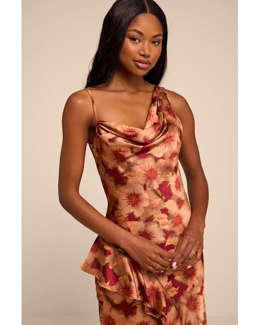 Lulus Natural Roxanne Rust Multi Floral Satin Asymmetrical Midi Dress