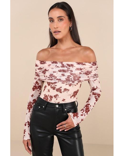 Lulus Pink Eye-Catching Sweetie Floral Mesh Off-The-Shoulder Bodysuit