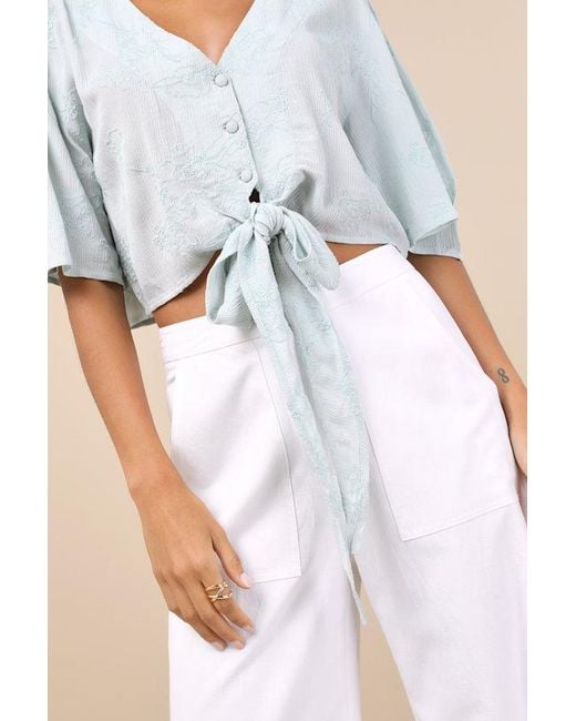Lulus Blue Delightful Darling Mint Floral Embroidered Tie-Front Crop Top