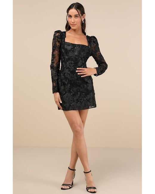 Lulus Women's Black Masterfully Eloquent 3D Floral Mini Dress
