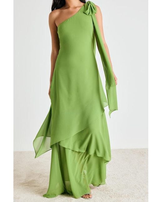 Lulus Green Camellia Bright One-Shoulder Bow Maxi Dress