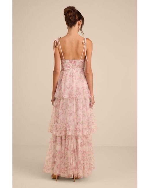 Lulus Pink Blissfully Gorgeous Blush Floral Tie-Strap Bustier Maxi Dress