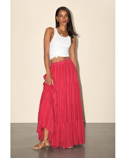 Lulus Pink Sunset By The Sea Embroidered Tiered Maxi Skirt
