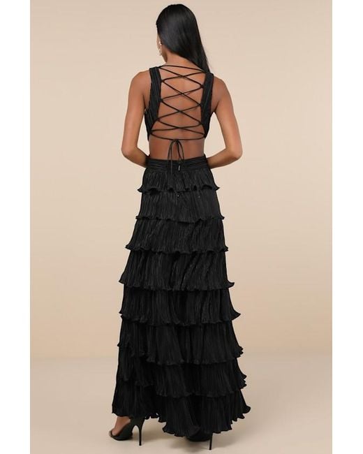 Lulus Blue Beauty Icon Satin Pleated Tiered Lace-Up Maxi Dress