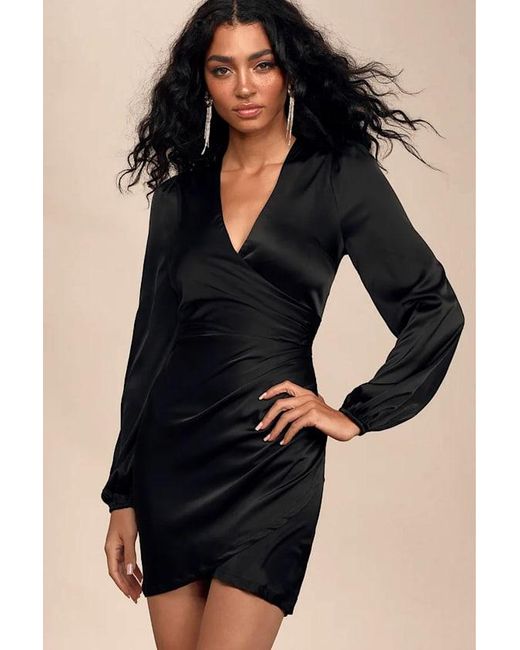 Lulus Blue Late Night Rendezvous Satin Long Sleeve Dress
