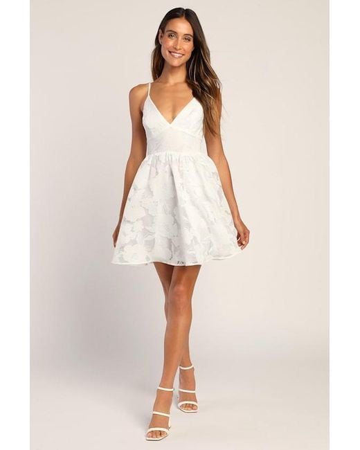 Lulus White Floral Feelings Floral Jacquard Babydoll Mini Dress