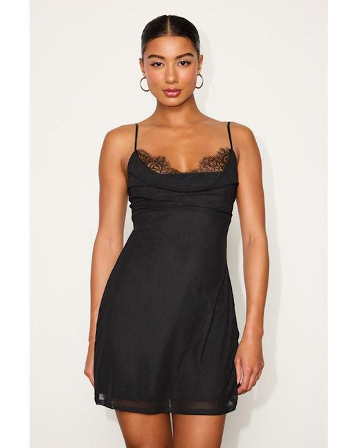 Lulus Black Maddox Mesh Lace Cowl Neck Mini Dress