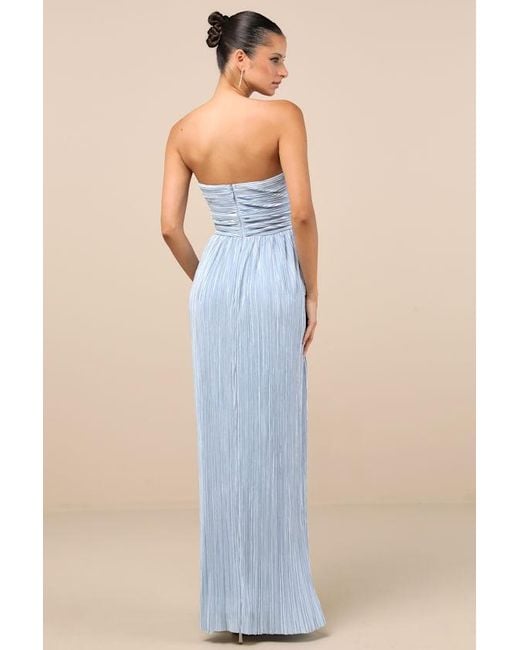 Lulus Blue Oswin Satin Plisse Strapless Maxi Dress