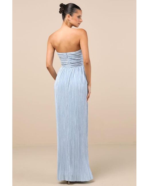 Lulus Blue Oswin Satin Plisse Strapless Maxi Dress