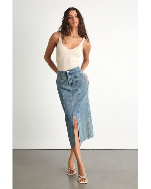 Lulus Blue Aisling Light Wash High-Rise Denim Midi Skirt
