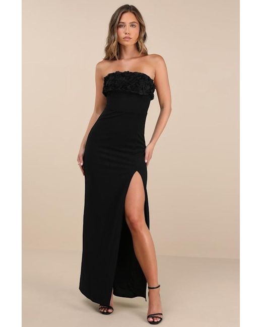 Lulus Black Fiore 3D Rosette Strapless Maxi Dress