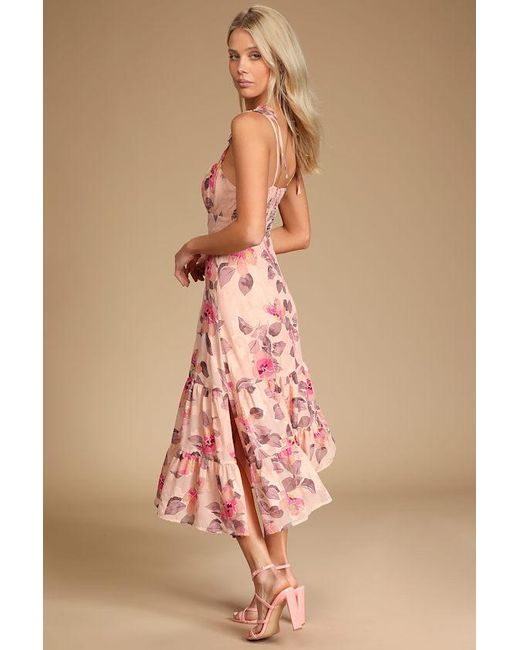 Lulus Pink Tea Party Chic Floral Print Tie-Strap Tiered Midi Dress