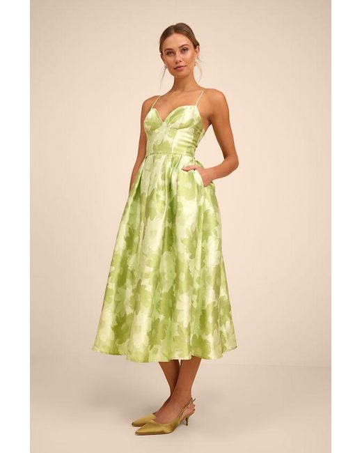 Lulus Yellow Vivinna Lime Floral Jacquard Pleated Midi Dress