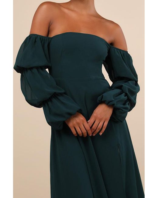 Lulus Blue Demure Aura Emerald Tiered Balloon Sleeve Off-The-Shoulder Dress