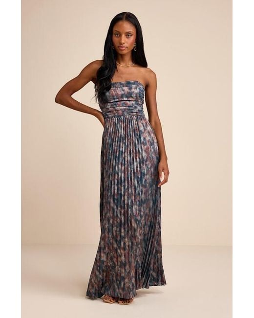 Lulus Black Islya Multi Abstract Pleated Strapless Maxi Dress