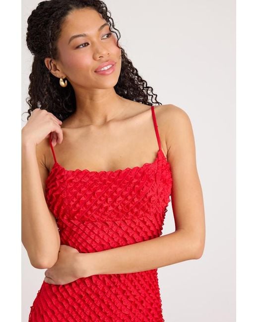 Lulus Red Noria Ruffled Lace Slip Midi Dress