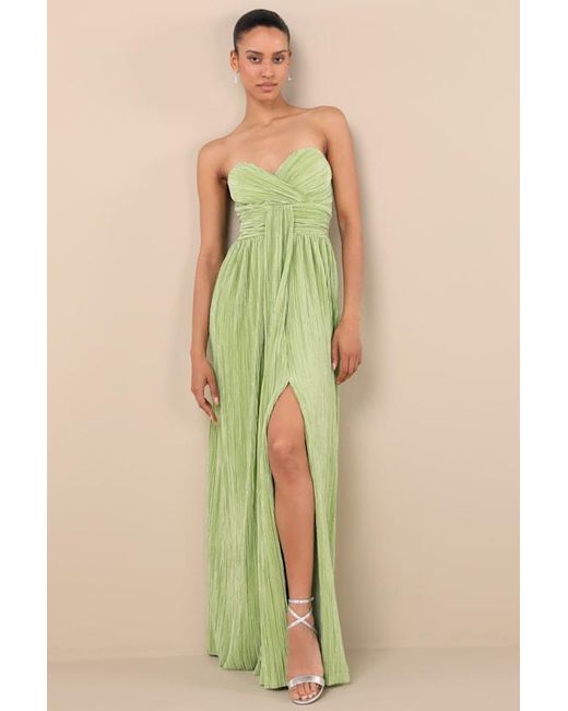 Lulus Green Oswin Lime Satin Plisse Strapless Maxi Dress