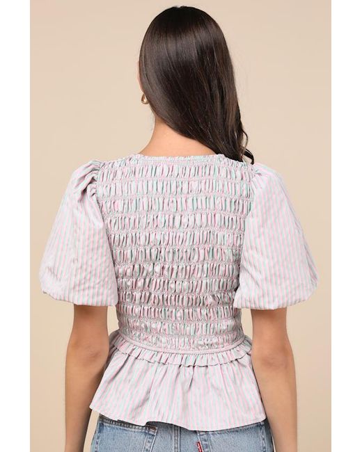 Extro & Vert Natural Nevaeh Striped Tie-Front Puff Sleeve Peplum Top