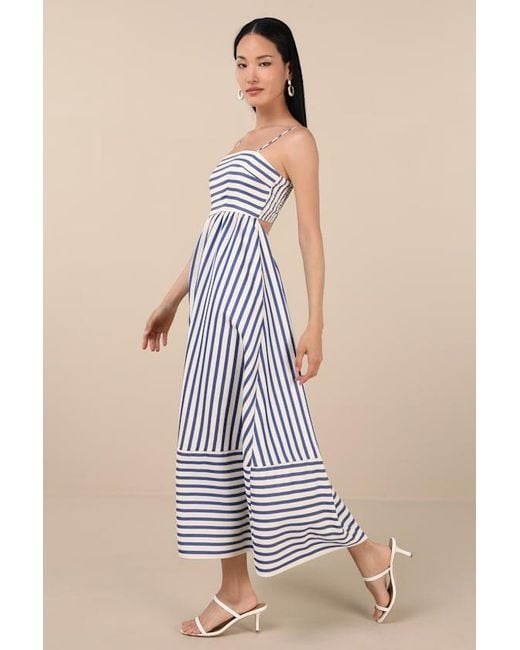 Lulus Blue Exceptionally Pristine And Cream Striped Cutout Midi Dress